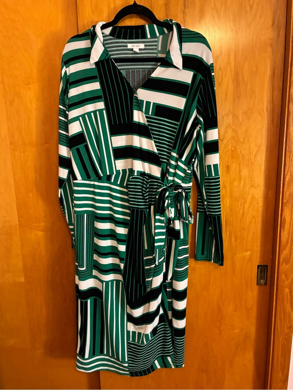 Nine West Green, Black & White Long Sleeve Wrap Dress